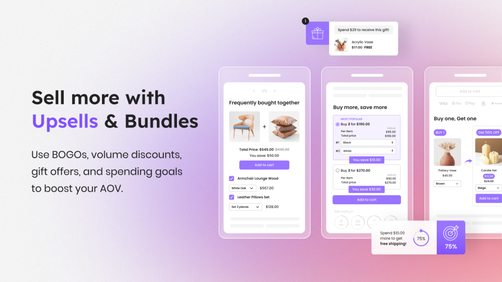 Vitals' upsell and bundle features under the heading "Sell more with Upsells & Bundles": a "Frequently bought together" panel pairing two products with a combined price, a "Buy more, save more" volume-discount table, a buy-one-get-one offer, and a progress meter prompting the shopper to spend $10 more for free shipping