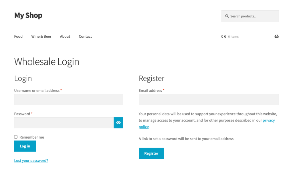 Wholesale Essentials for WooCommerce: the wholesale login and registration page as a customer sees it