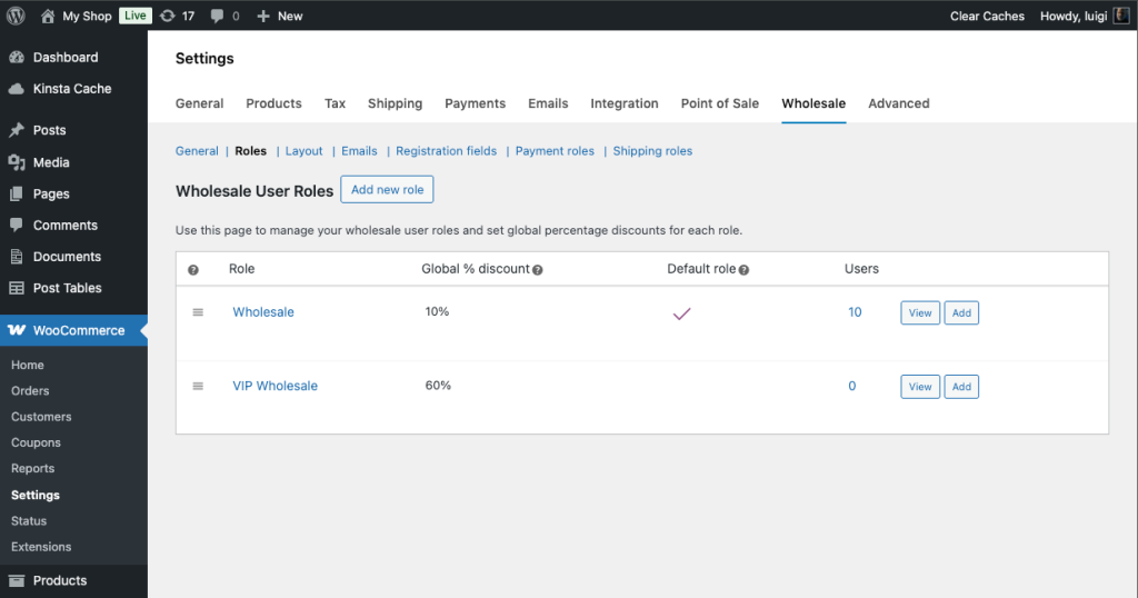 Wholesale Essentials for WooCommerce: the wholesale roles settings screen, creating roles and setting a percentage discount for each