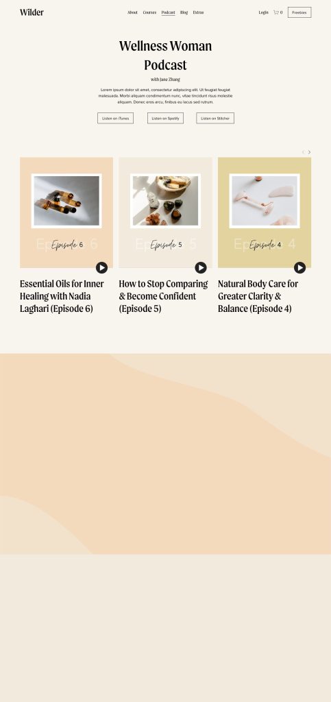 The Podcast page of the Wilder Squarespace template