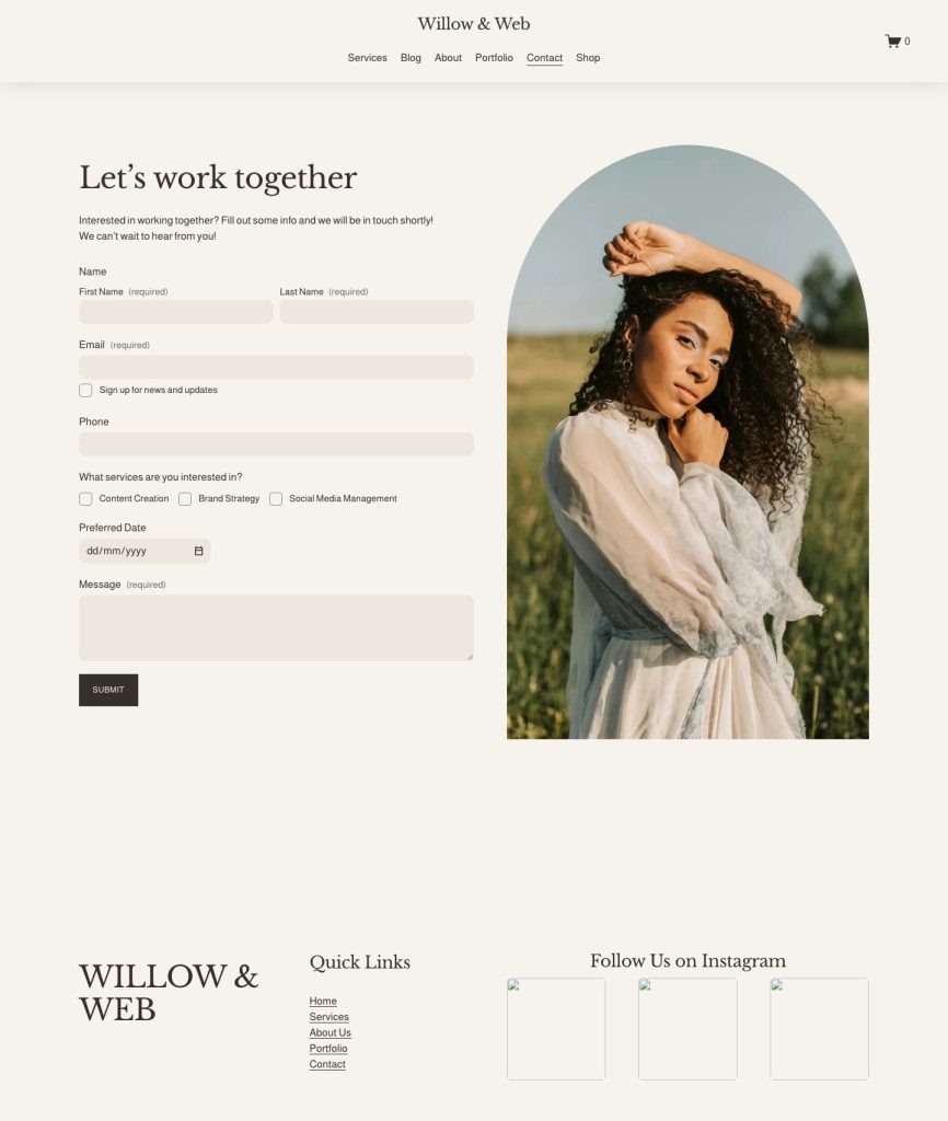 The Contact page of the Willow template