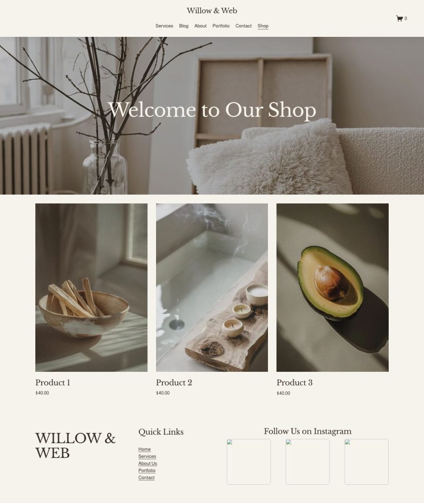 The Shop page of the Willow template