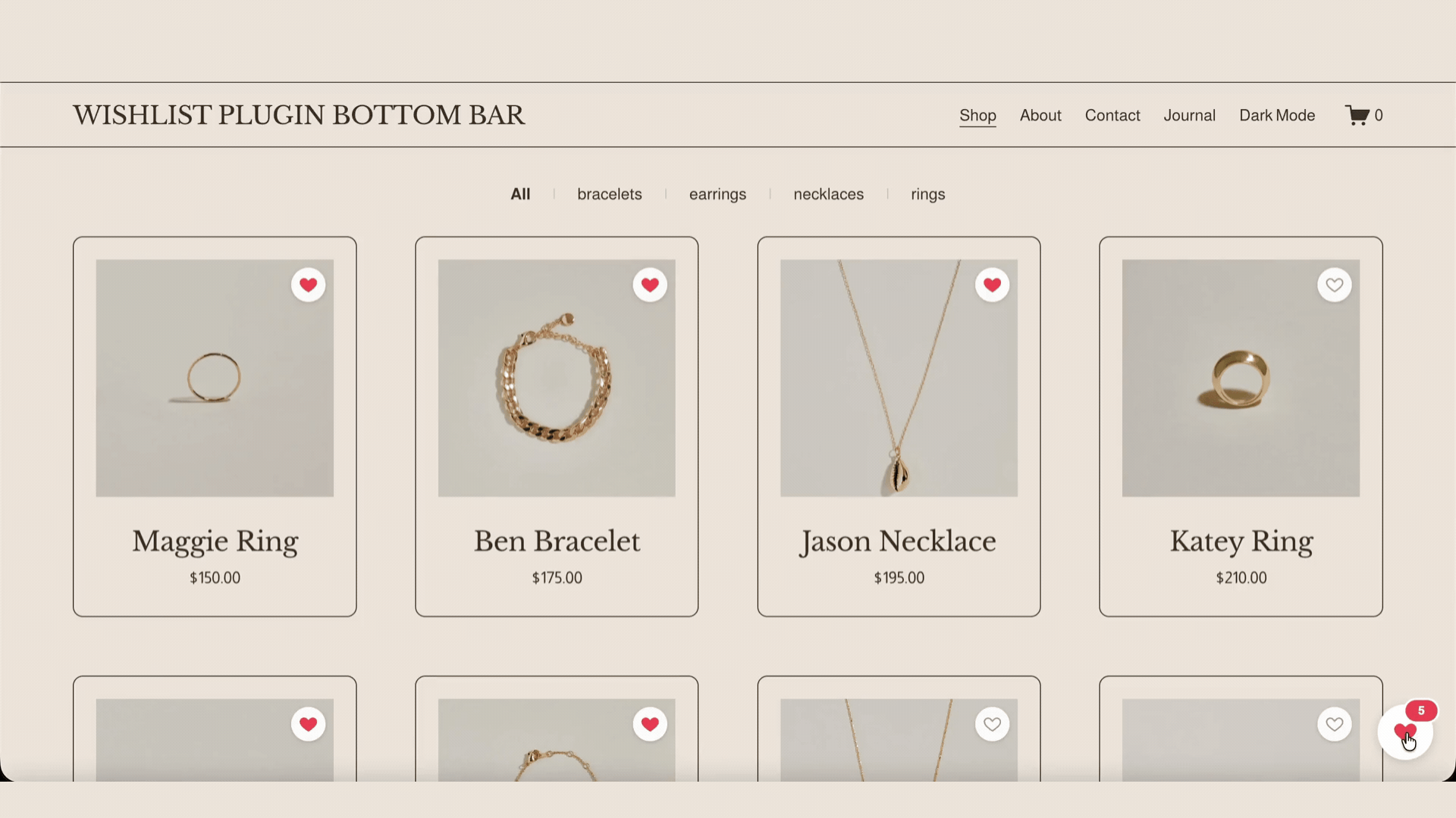 Wishlist bottom bar on a mobile Squarespace store showing the saved-item count