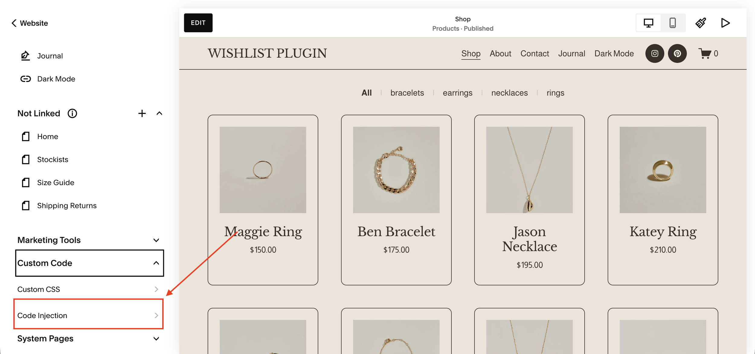 Squarespace sidebar with Custom Code expanded and Code Injection highlighted