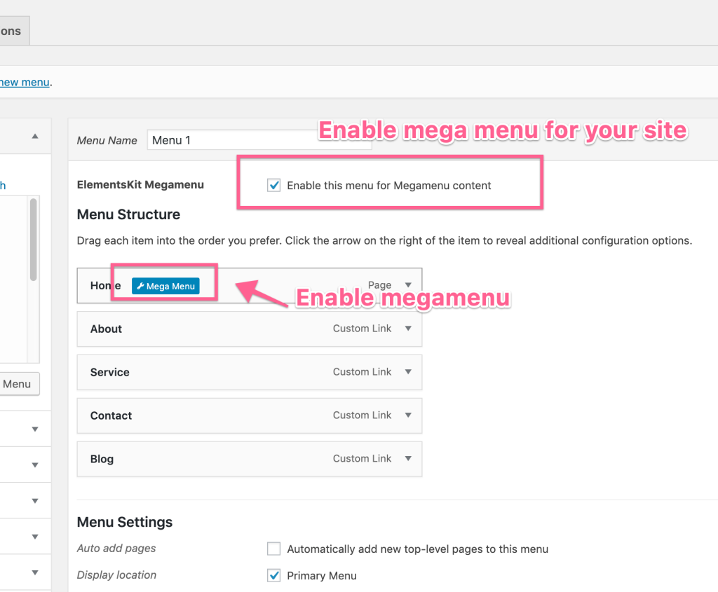 ElementsKit's mega menu builder shown building a multi-column navigation menu