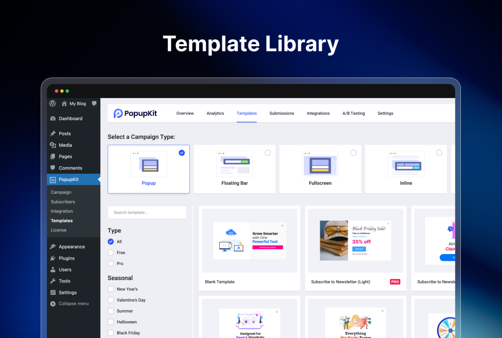 A gallery of PopupKit's pre-built popup templates and recipes