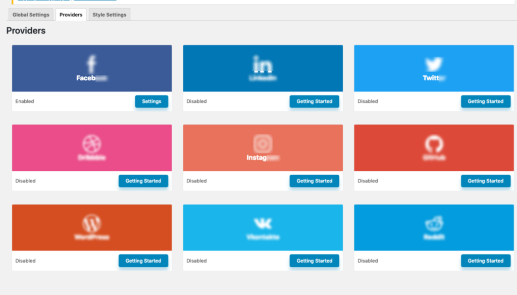 WP Social's global settings screen in the WordPress admin