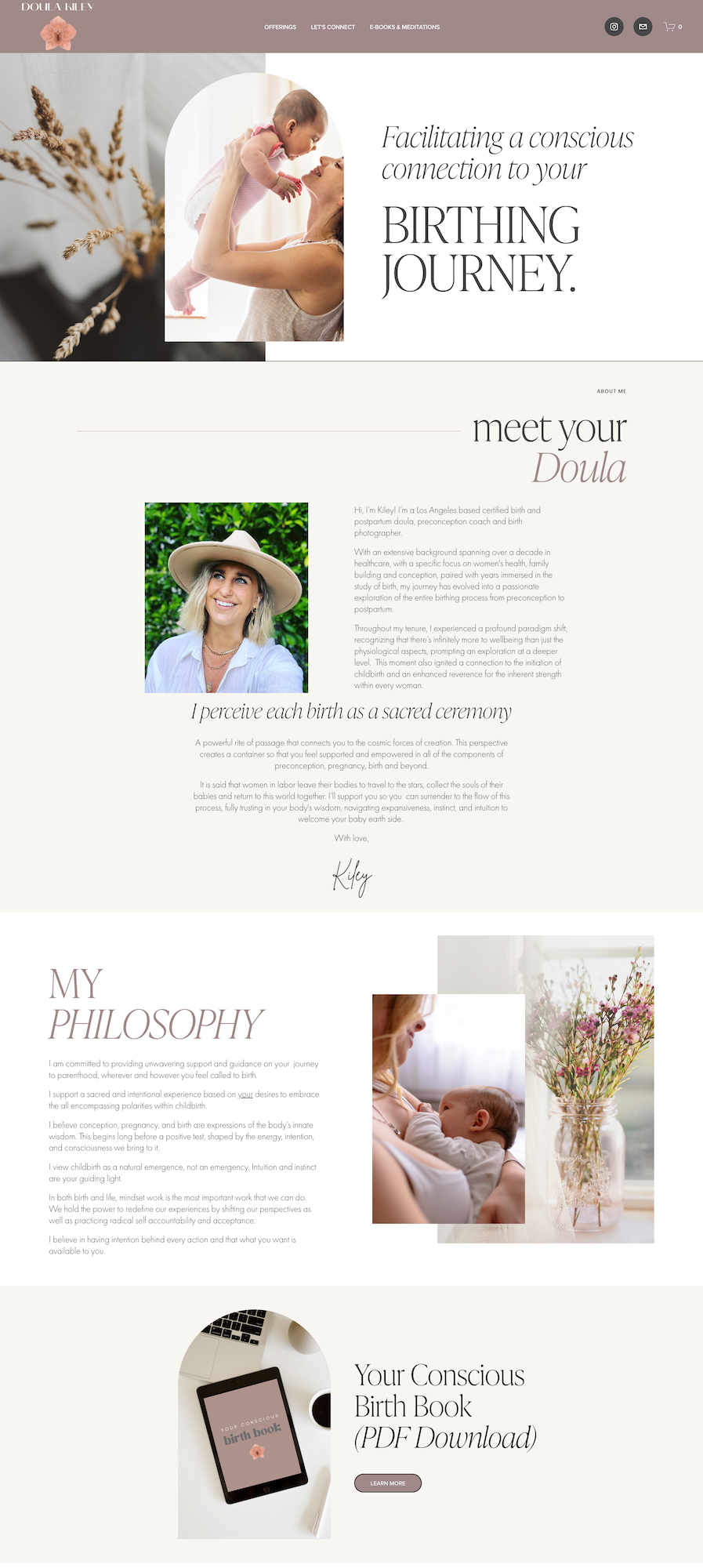 Homepage of a childbirth and postpartum doula service website, featuring images of a woman holding a baby, a woman holding a baby, a digital tablet with a birth book, and decorative flowers.