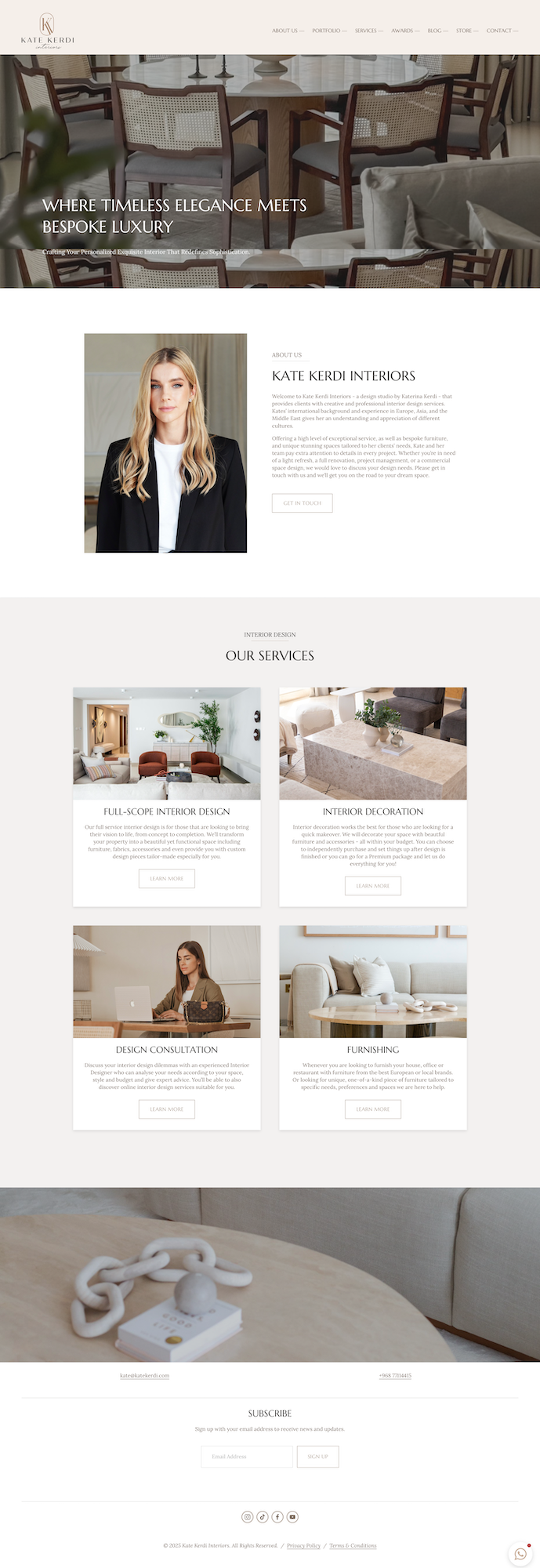 Interior design website homepage featuring elegant living room furniture, a professional woman, and a close-up of a modern decorative table with books and jewelry.