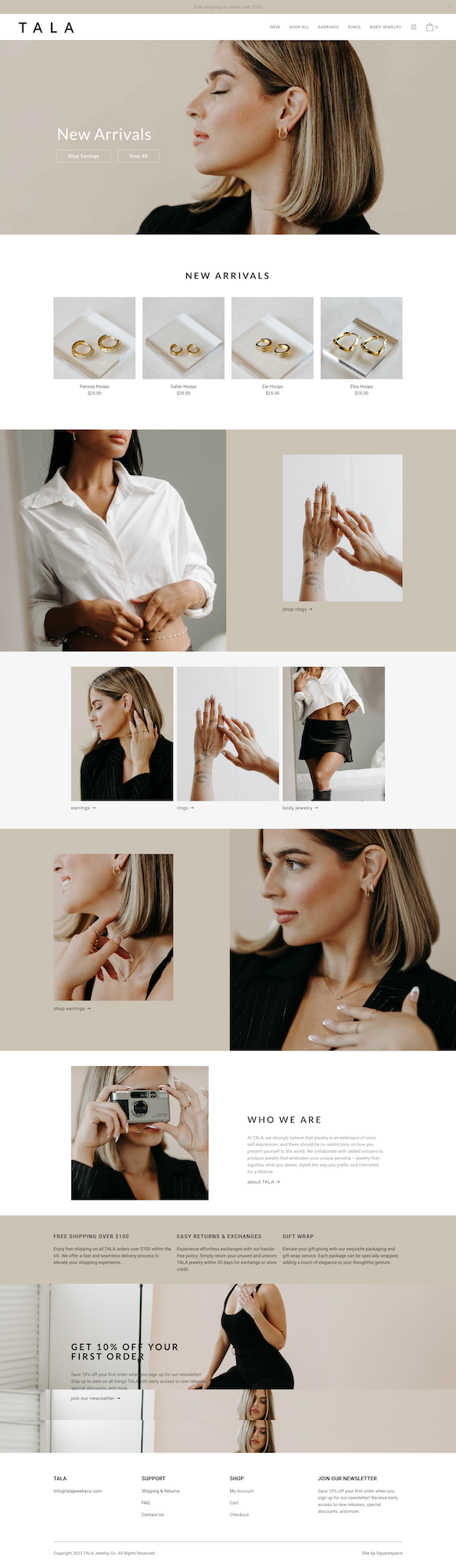 Jewelry website homepage featuring a woman showcasing earrings, rings, and body jewelry with sections for new arrivals, shop categories, and company information.