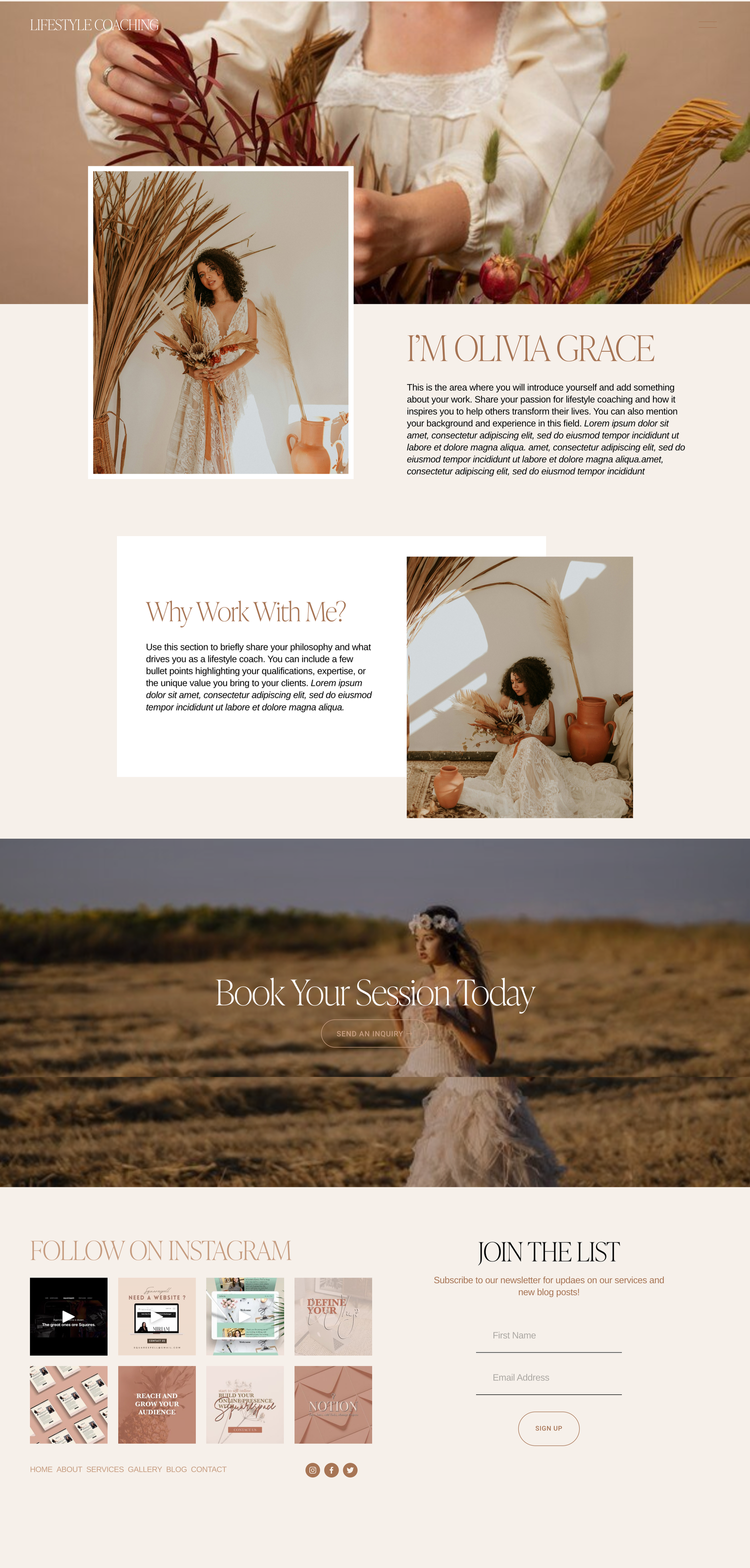 A lifestyle coaching website homepage featuring a woman with curly hair in a bohemian white dress holding a bouquet of dried plants, set against earthy tones and natural backgrounds, with sections for coaching details, booking a session, and social m