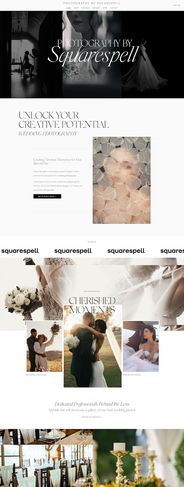 Website homepage for Photography by Squarespell, showcasing wedding photography services, featured images of couples, wedding moments, and event decor.