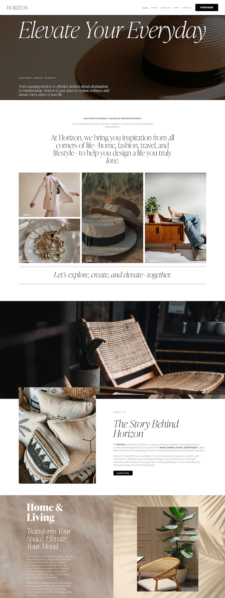 A website homepage for Horizon with a large header text reading 'Elevate Your Everyday' over a close-up image of a straw hat. Below, there are several sections with images related to fashion, accessories, and home decor, including a person in a coat,